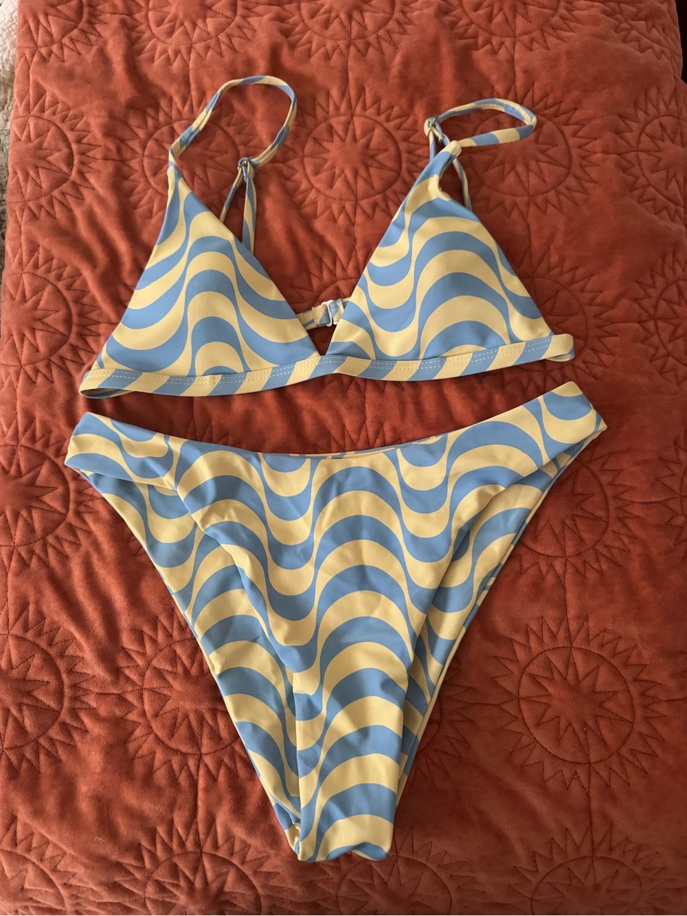 Aurelle Blue and Cream Wave Print Bikini Set
